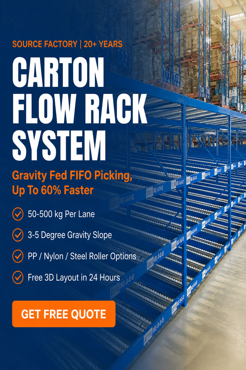 Carton Flow Rack System Gravity Roller Shelf Pick to Light Order Picking Warehouse Pallet Racking Storage Shelves OEM Factory