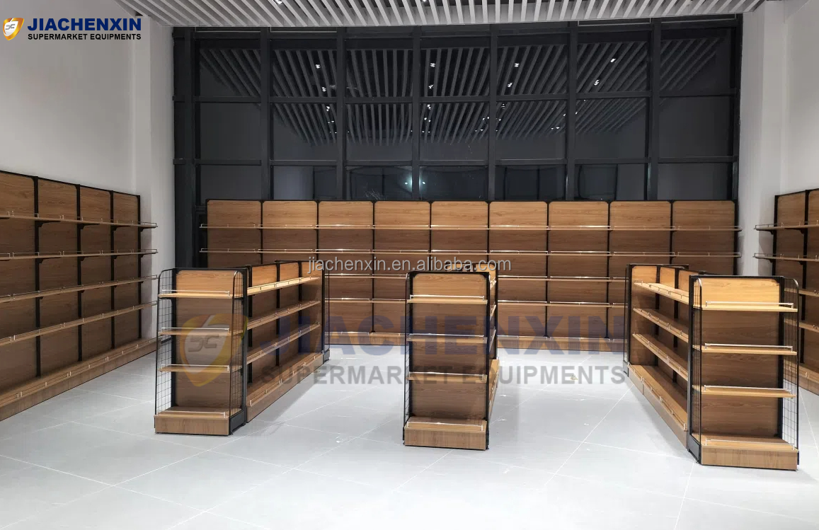 Wooden Gondola Display Shelving Adjustable Retail Store Racks Light Duty Electronics Shop Fixtures Easy Installation