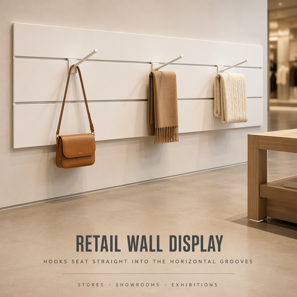 White Slatwall Display Panel, Horizontal Groove Slotted Board For Retail Wall, Clip-In Hook Ready Display Board