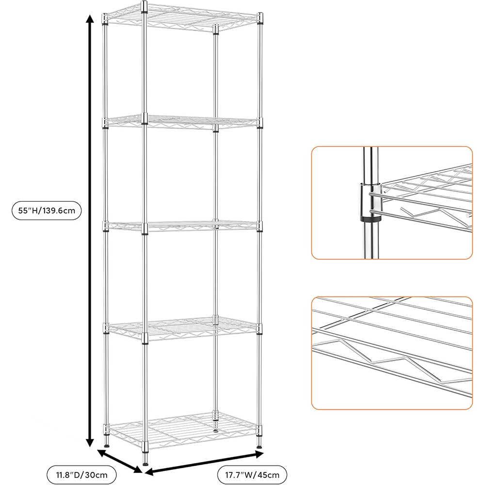 MZG Simple Assembly Boltless Gloss Chrome Finish Slim Multi Layer Wire Shelving Rack Tall 5 Tier Metal Utility Shelves