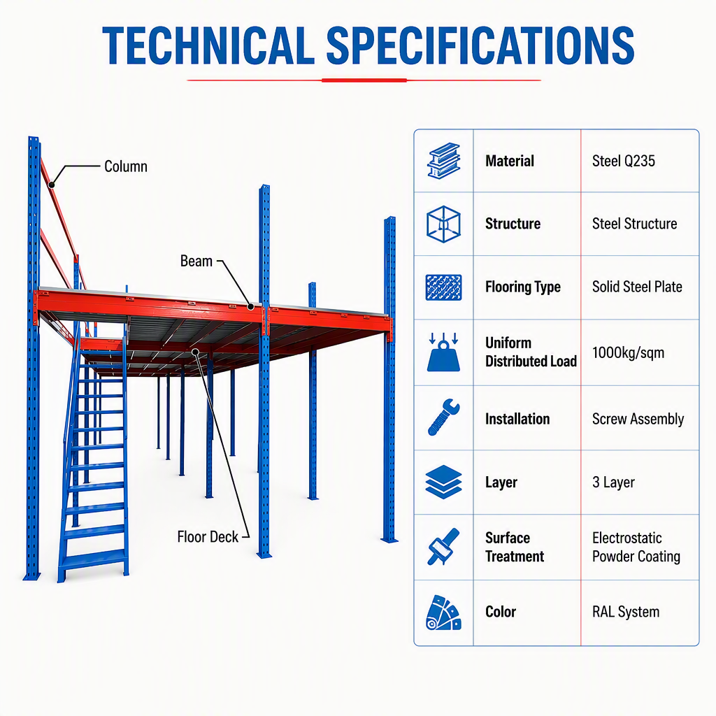 HUAWU 1000kg/sqm Industrial Mezzanine Floor Rack System Multi-layer Steel Warehouse Storage Platform Q235 Steel Structure