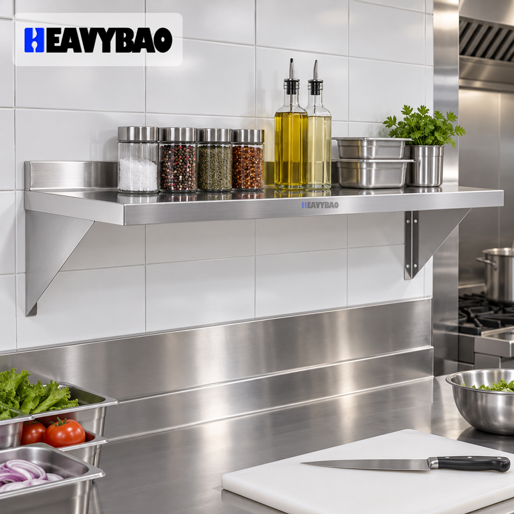 Heavybao Commercial Heavy Duty Brushed Stainless Steel Solid Wall Shelf Restaurant Kitchen Rack Wall Mounted Floating Shelving