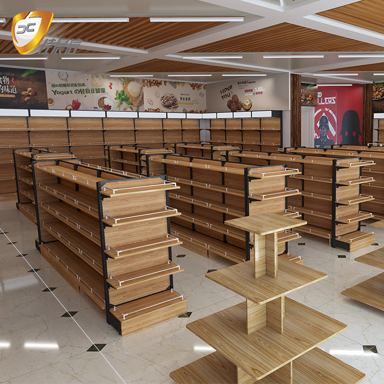Wooden Gondola Display Shelving Adjustable Retail Store Racks Light Duty Electronics Shop Fixtures Easy Installation