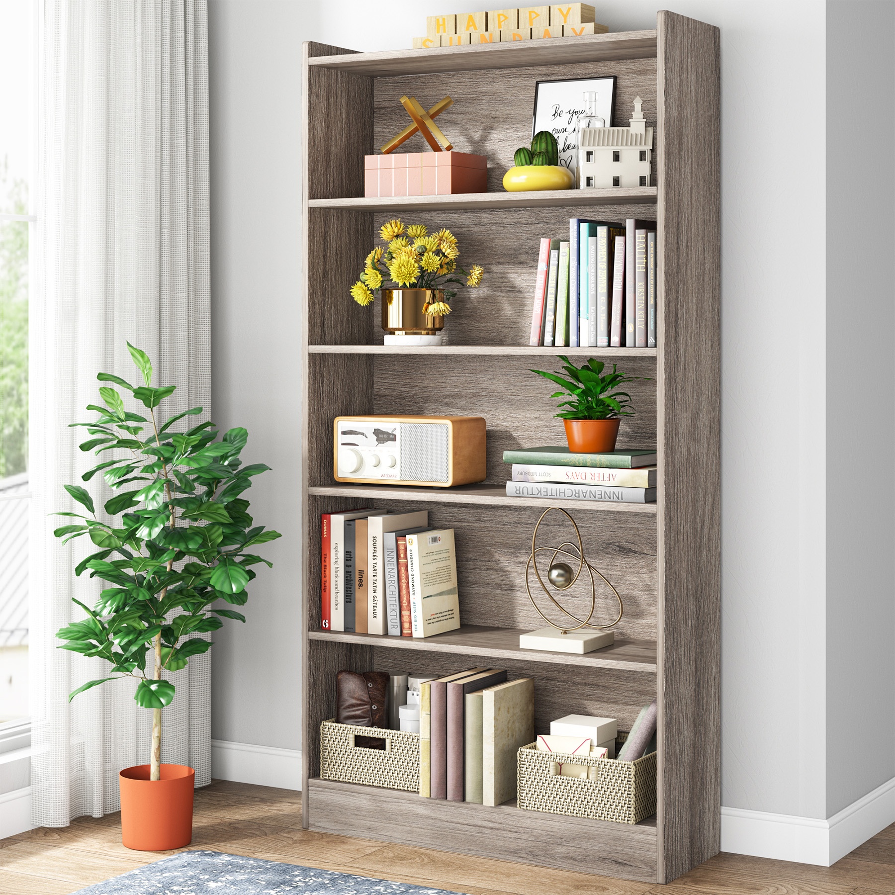 Industrial Modern Large Open Bookshelf 72 Inch Tall Wood Display Shelving Unit for School Bedroom Warehouse Home