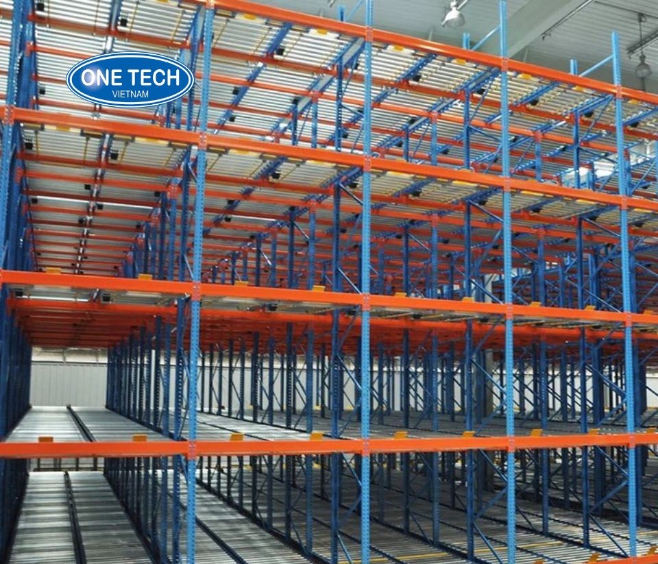 One Tech High Efficiency FIFO Gravity Flow Racking Heavy Duty Steel Frame Self Sliding Roller Track System ISO Certified