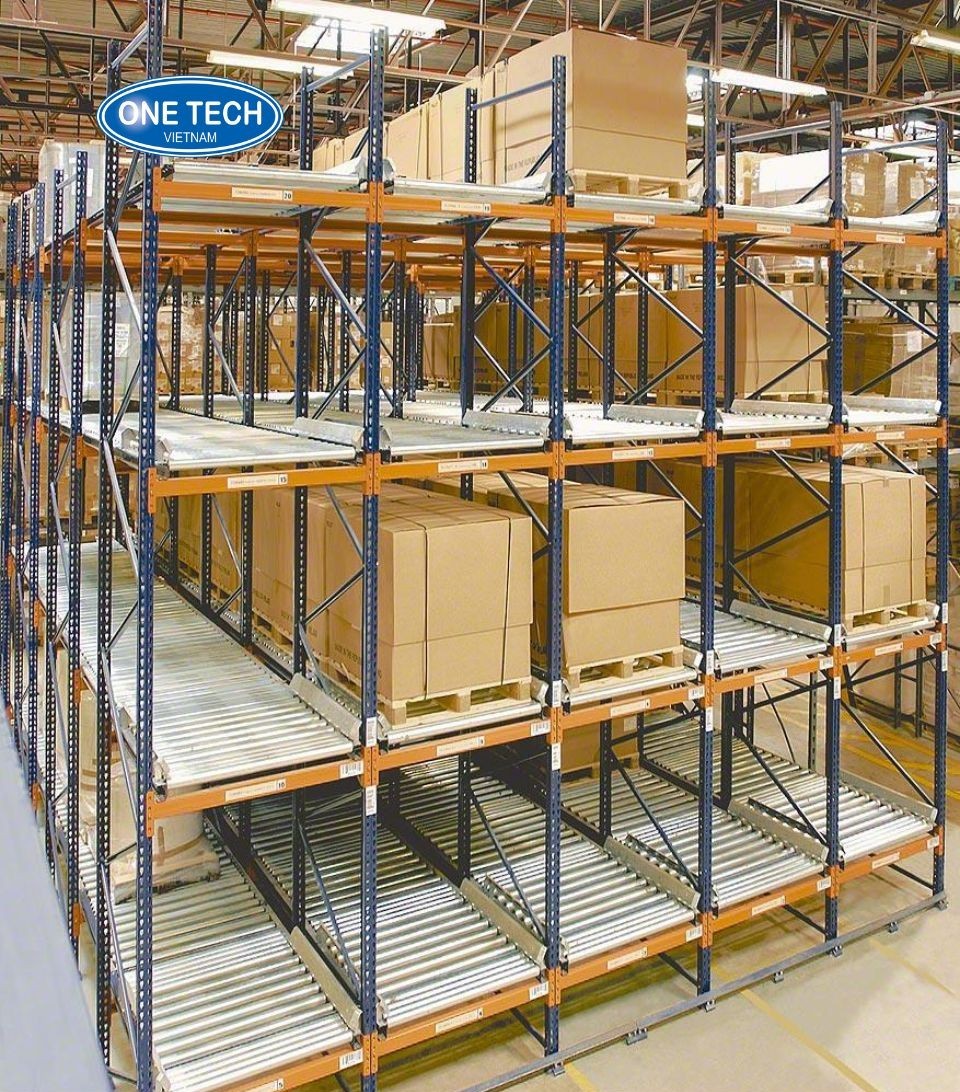 One Tech High Efficiency FIFO Gravity Flow Racking Heavy Duty Steel Frame Self Sliding Roller Track System ISO Certified