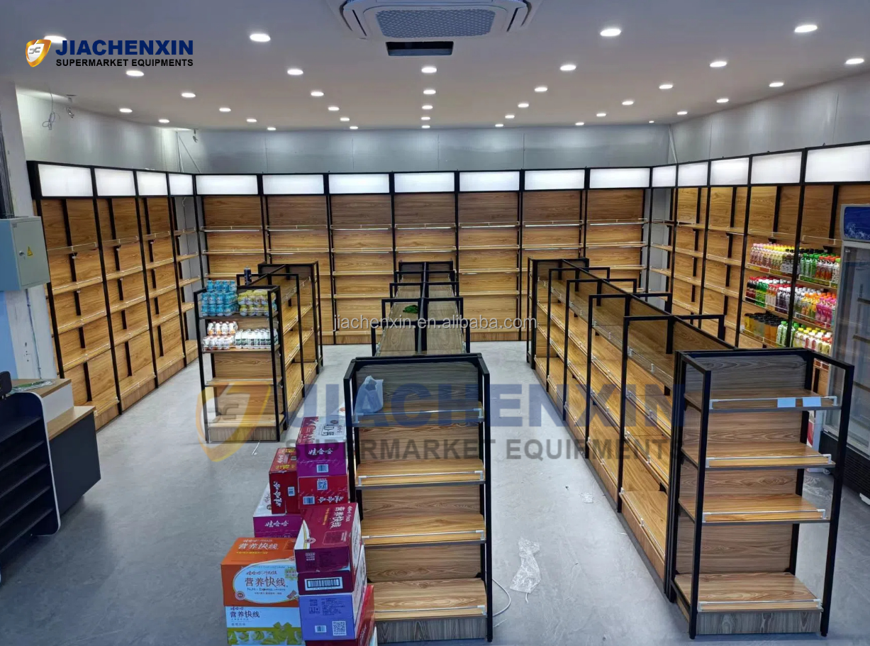 Wooden Gondola Display Shelving Adjustable Retail Store Racks Light Duty Electronics Shop Fixtures Easy Installation