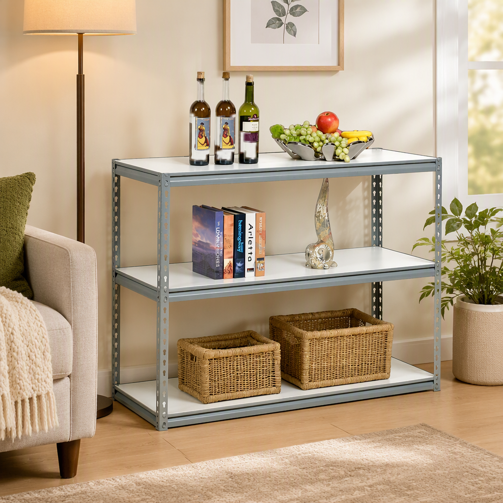 3-Tier Slotted Angle Storage Shelving Unit, Adjustable Metal Frame Home Display Rack, Living Room Storage Organizer