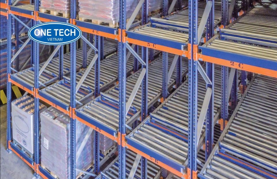 One Tech High Efficiency FIFO Gravity Flow Racking Heavy Duty Steel Frame Self Sliding Roller Track System ISO Certified